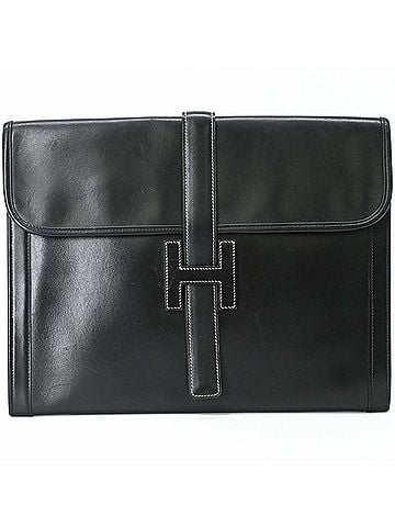 Hermès HERMES Jige GM Clutch Bag, Box Calf Leather, Men's, Black (view 1)