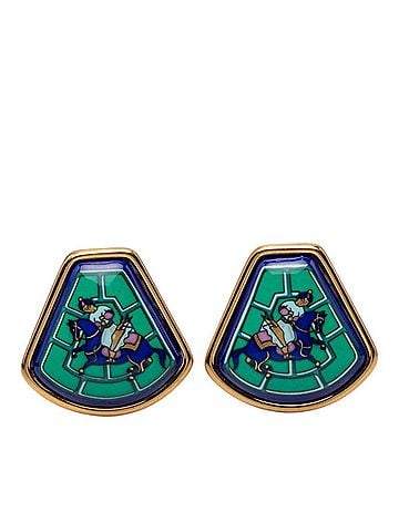 Hermès Hermes Enamel Fan-Shaped Earrings, Jockey Style, Blue, Green, Gold Plated, Women's. (view 1)