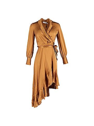 Zimmermann Zimmermann Asymmetric Ruffled Washed-Wrap Dress In Bronze Silk (view 1)