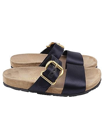 Prada Prada Double-Strap Slide Sandals in Black Satin (view 1)