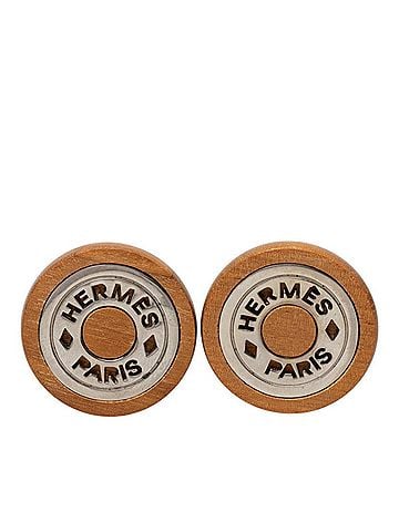 Hermès Hermes Sellier Round Earrings, Brown, Silver, Wood, Metal, Women's. (view 1)