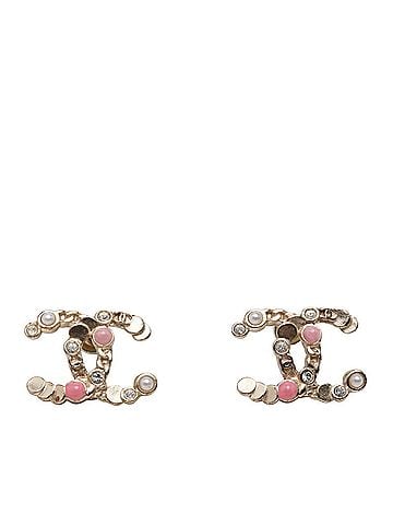 Chanel Chanel Vintage Coco Mark Earrings, Gold and Pink Plated, Faux Pearl Rhinestone, Women's CHANEL (view 1)