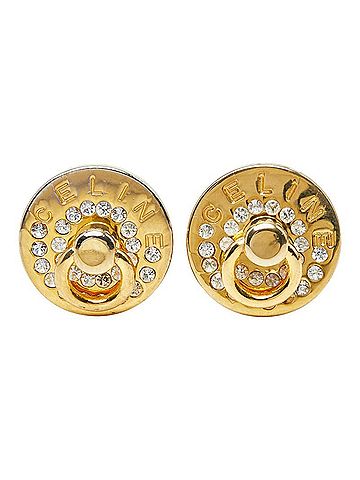 Céline Celine Logo Round Earrings, Gold Plated Rhinestones, Women's CELINE (view 2)