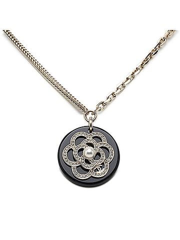 Chanel Chanel Camellia Coco Mark Chain Necklace, Gold and Black Plated, Faux Pearl Rhinestone, Women's. (view 1)