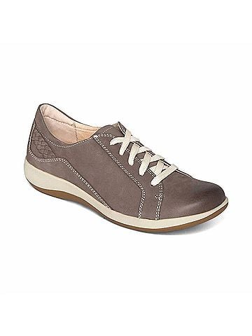 Aetrex Women's Dana Lace Up Leather Oxford Shoes in Warm Grey (view 2)