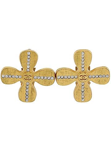Chanel Chanel Clover Coco Mark Earrings, Gold Plated with Rhinestones, 2001 Model, 01P, Approx. 7.6g, Women's. (view 1)