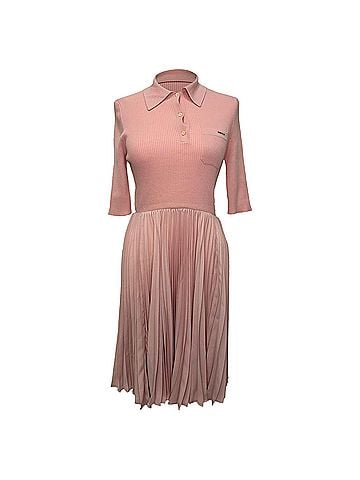 Prada Prada Ribbed-knit And Plissé Midi Dress In Pink Wool (view 1)