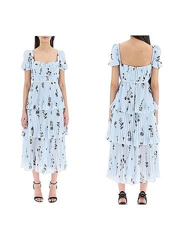 Self-Portrait Blue Floral Silhouette Chiffon Floral Midi Cocktail Dress (view 2)