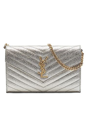 Saint Laurent Metallic Grain De Poudre Matelasse Chevron Monogram Chain Wallet (view 1)