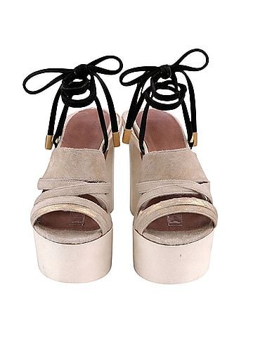 REVOLVE HAIKI gold platform sandals ankle tie black strap chunky heel size 6.5 Heels (view 1)