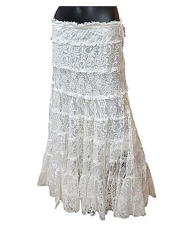 Retro WHITE ELEGANCE 80s Vintage White Lace Tiered Midi Casual Skirt (view 2)