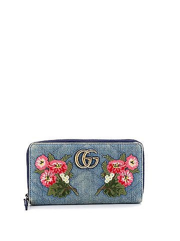 Gucci GG Marmont Zip Around Wallet Embroidered Matelasse Denim (view 1)
