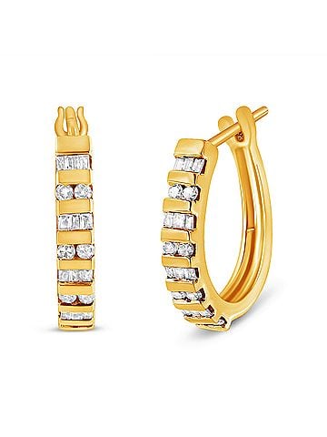 Haus of Brilliance 10K Yellow Gold 1.0 Cttw Round and Baguette-Cut Diamond Hoop Earrings (I-J Color, I2-I3 Clarity) (view 1)