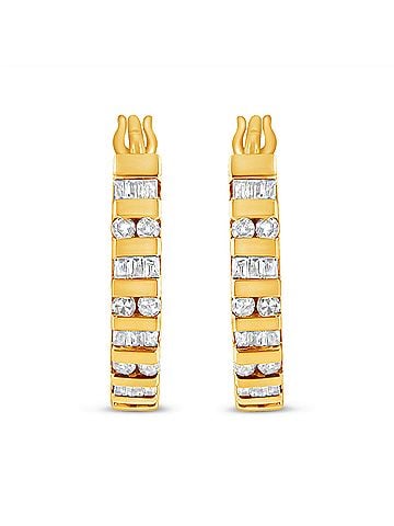 Haus of Brilliance 10K Yellow Gold 1.0 Cttw Round and Baguette-Cut Diamond Hoop Earrings (I-J Color, I2-I3 Clarity) (view 2)