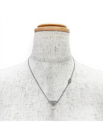 Christian Dior Christian Dior DIOR CD logo ribbon motif rhinestone faux pearl necklace accessory, silver, for women. (view 2)