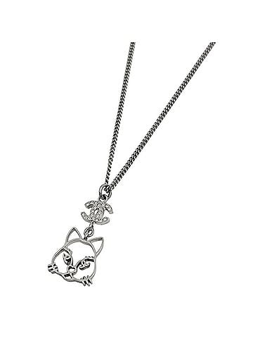Chanel Chanel necklace, Coco Mark cat design, long, silver plated, rhinestone, silver, women's. (view 1)
