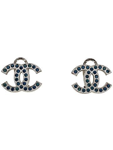 Chanel Chanel earrings, Coco Mark design, silver plated, rhinestone, silver, blue, women's. (view 1)