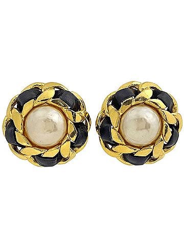 Chanel Chanel earrings, Coco Mark design, GP leather, gold, black, women's. (view 1)