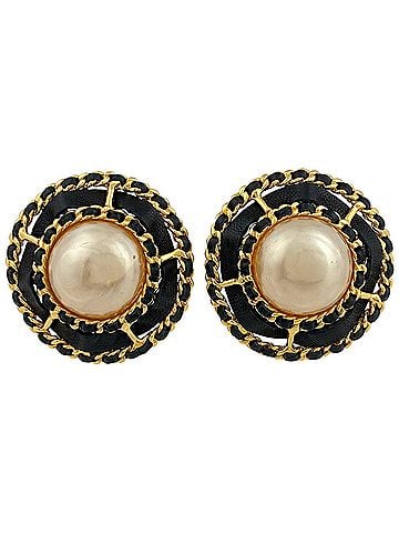 Chanel Chanel CHANEL Earrings Round GP Faux Pearl Leather Gold White Black Women's (view 1)