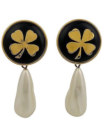 Chanel Chanel CHANEL Clover Swing Earrings GP Faux Pearl Gold Black Women's (view 1)