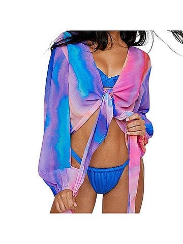 Nasty Gal Inc. Tie Dye Sheer Tie Front Balloon Sleeve Beach Top T-Shirt (view 1)