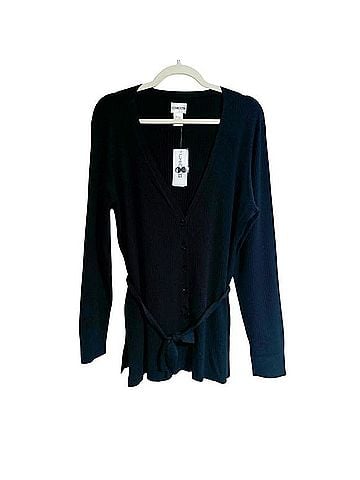 Chico's Black Ribbed Tie Waist Cardigan Cardigan (view 1)