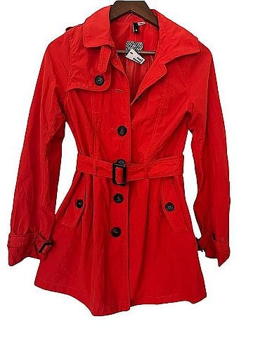 H&M Vibrant Red Belted Trench Coat Trenchcoat (view 1)