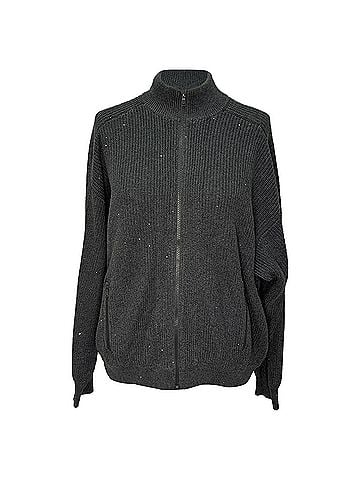 Brunello Cucinelli Brunello Cucinelli Ribbed Full-Zip Cardigan in Grey Cotton (view 1)