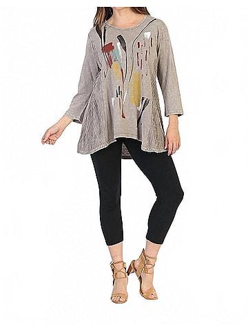 Jess & Jane Color Sketch Wave Knit Mineral Washed Tunic Top in Taupe (view 2)