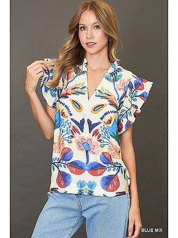 Umgee Women's Fiesta Garden Flutter Sleeve Top in White (view 2)
