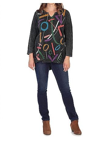 Jess & Jane Highlight Mineral Washed Split V-Neck Tunic in Black (view 2)