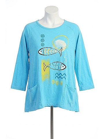 Jess & Jane Mariner Mineral Washed Patch Pocket Cotton Top in Aqua (view 1)