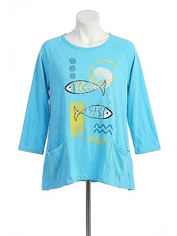Jess & Jane Mariner Mineral Washed Patch Pocket Cotton Top in Aqua (view 1)