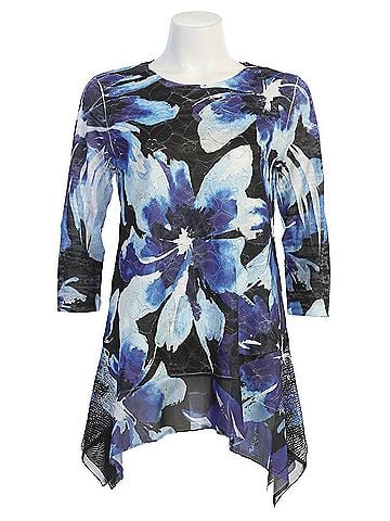 Jess & Jane Women's Mandi Mesh Side Panel Tunic Top in Blue/Black (view 1)
