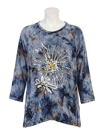 Jess & Jane Tie Dye Patch Pocket Top in Mono Flower (view 1)