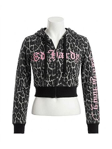 Ed Hardy Love Kills Slowly Pink Skull Zip Front Hoodie in Black Leopard (view 1)