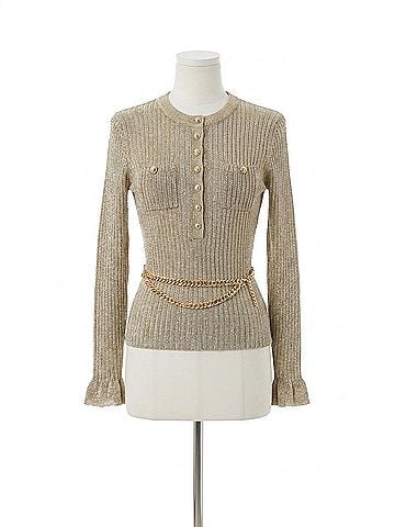Self-Portrait Lurex Ribbed Knit Top With Belt in Gold (view 1)