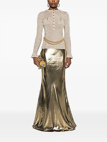 Self-Portrait Lurex Ribbed Knit Top With Belt in Gold (view 2)