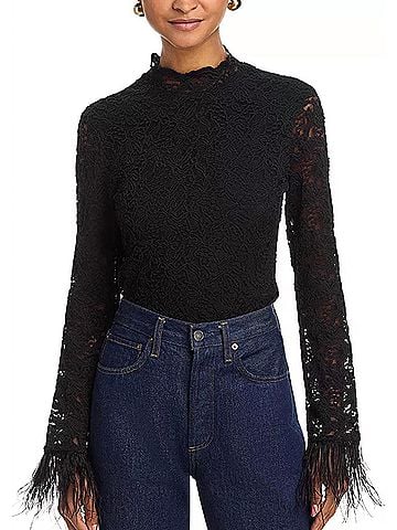 Aqua Feather Lace Long Sleeve Top in Black (view 2)