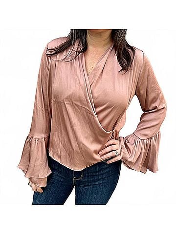 Fate Crossover V-Neck Ruffle Cuff Blouse in Blush (view 2)