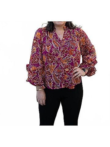 Fate Print With Lurex Chiffon Ruffle Detail Blouse in Sangria Multi (view 2)