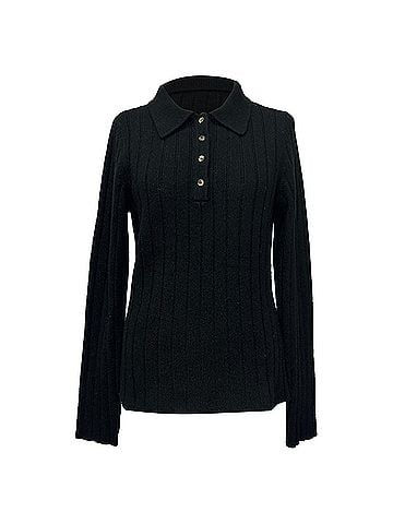 Khaite Khaite Hans Ribbed-Knit Polo Sweater in Black Cashmere (view 1)
