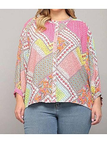Fate Good Vibes Patchwork Print Curvy Top in Pink (view 2)