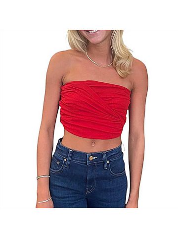 Ganni Marl Mesh Draped Bandeau Top in Goji Berry (view 2)