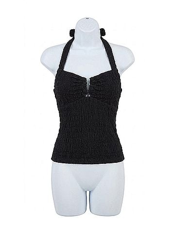 Vintage Havana Smocked Linen Halter Crop Top in Black (view 1)