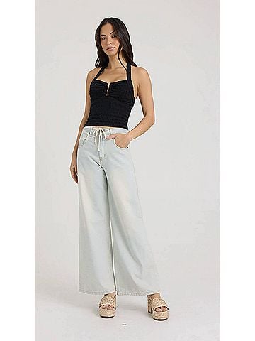 Vintage Havana Smocked Linen Halter Crop Top in Black (view 2)