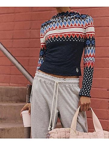 Free People Breathe Easy Printed Layer Top in Plaid Fairisle Navy (view 2)
