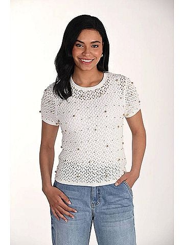 Frank Lyman Design Gracelyn Jewel Embellished Pullover Top in Off-White Gold (view 2)