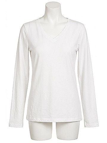 Zenana Cotton V-Neck Long Sleeve T-Shirt in White (view 1)