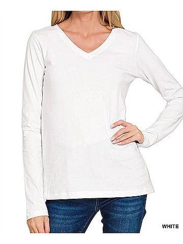 Zenana Cotton V-Neck Long Sleeve T-Shirt in White (view 2)